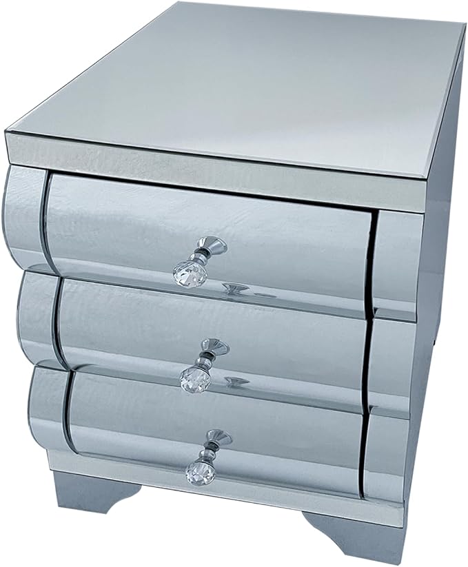 Curved Mirror Nightstand with 3 Drawer Glass Bedside Table - Image 6