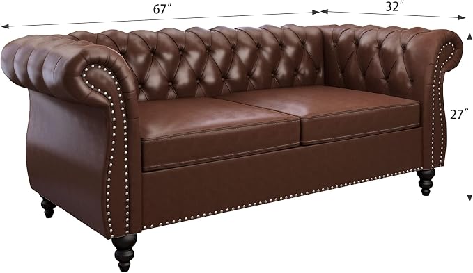ORRD 2 Piece Living Room Set, Chesterfield Leather Sofa Loveseat Couch - Image 3