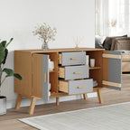 Grey and Brown Sideboard with 3 Drawers and 2 Cabinets Solid Pine Wood - Image 4