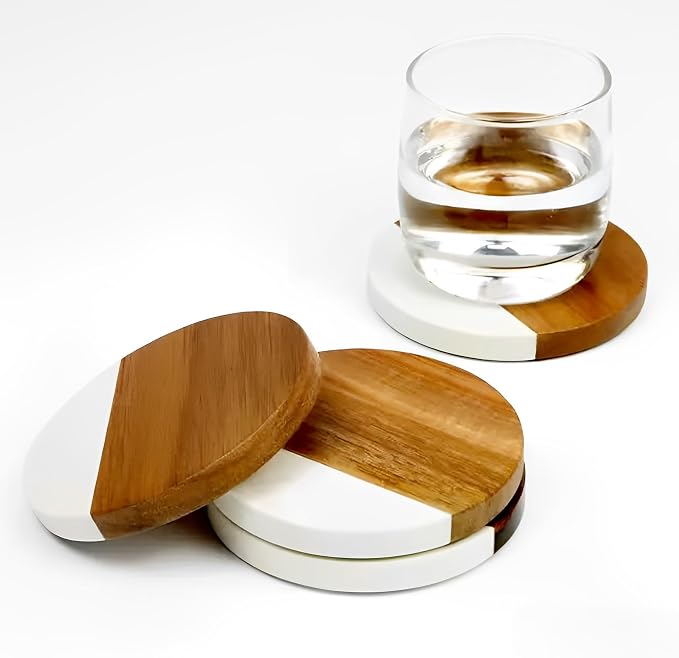 I-LAN 8-Pack Marble and Acacia Wood Coasters, 4-Inch Round Modern Drink Coaster - Image 6