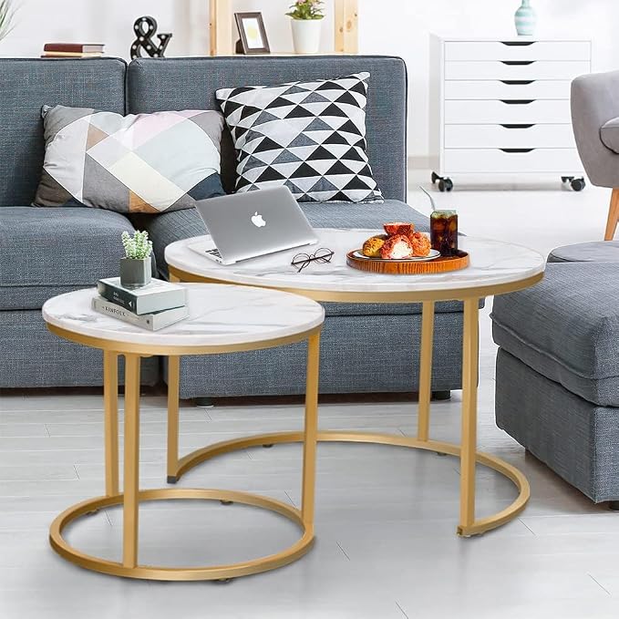 aboxoo Coffee Table Nesting White Set of 2 Side Set Golden Frame Circular Round - Image 6