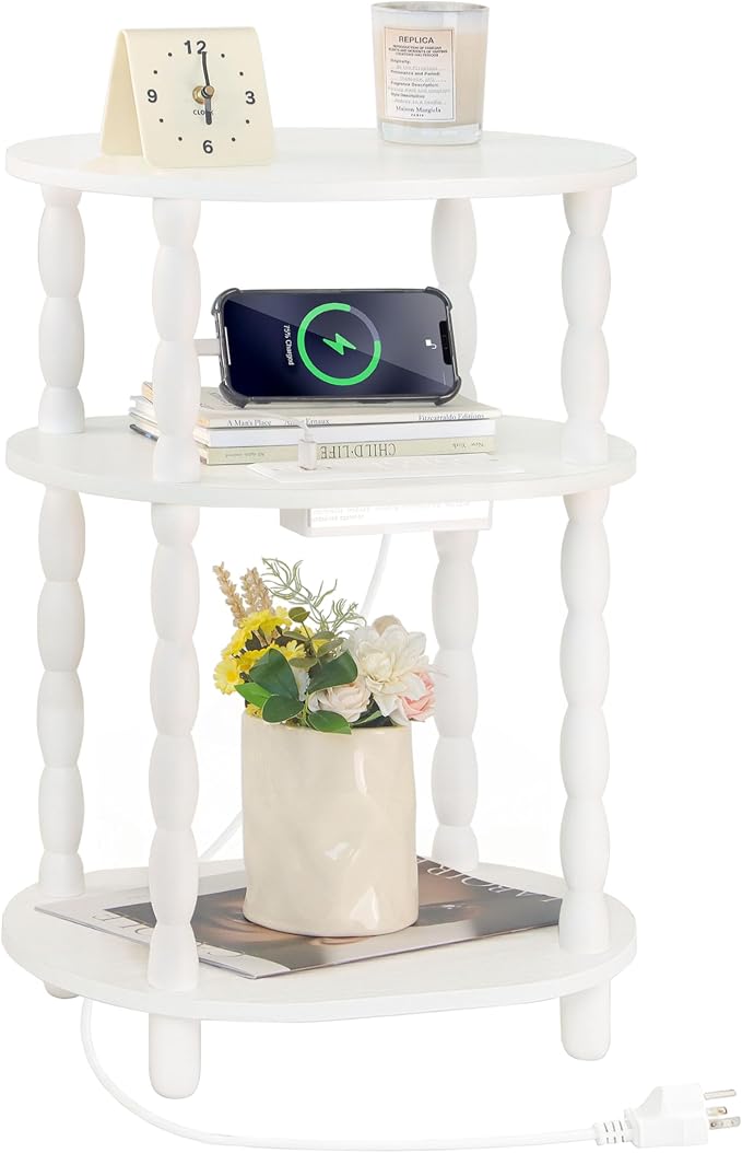MaxSmeo White Side Table with Charging Station, 3-Tier Small Oval End Table by MaxSmeo