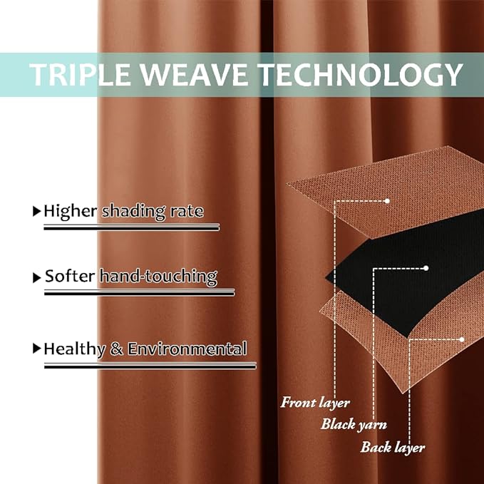 NICETOWN Burnt Orange 100% Blackout Lined Curtains, 2 Thick Layers Narrow Wide - Image 6