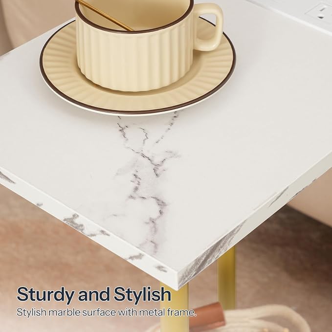 HOOBRO Side Table with Charging Station, Nightstand with 2-Layer Storage Shelves - Image 9