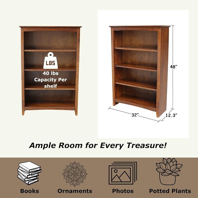 Solid Wood Bookcase 48" High, Adjustable Shelves, Parawood Construction - Image 3