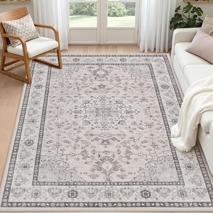 6x9 Area Rugs Living Room: Bedroom Washable Carpet Beige & Grey | Large Vintage by Luxturiy