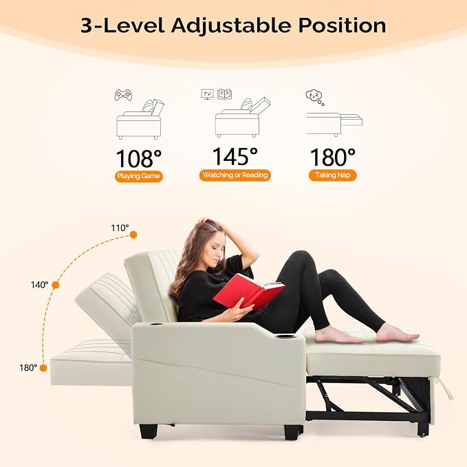 VINGLI Beige Futon Sofa Bed Convertible Loveseat Sleeper Couch, Faux Leather - Image 5