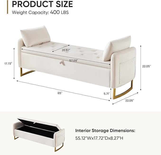 65" End of Bed Storage Bench, Velvet Storage Bench - Image 2