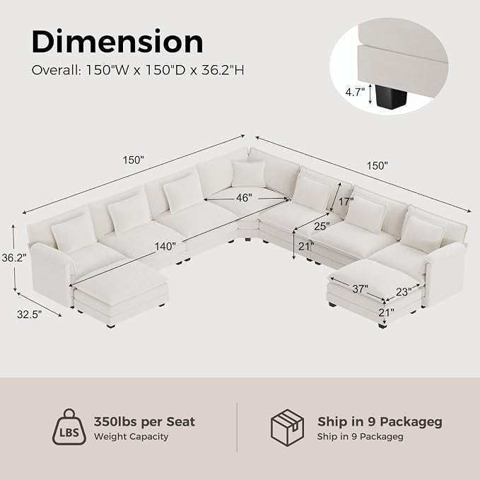 ELUCHANG 150" Oversized V-Shaped Cloud Couch Modular Sectional Sofa - Image 2
