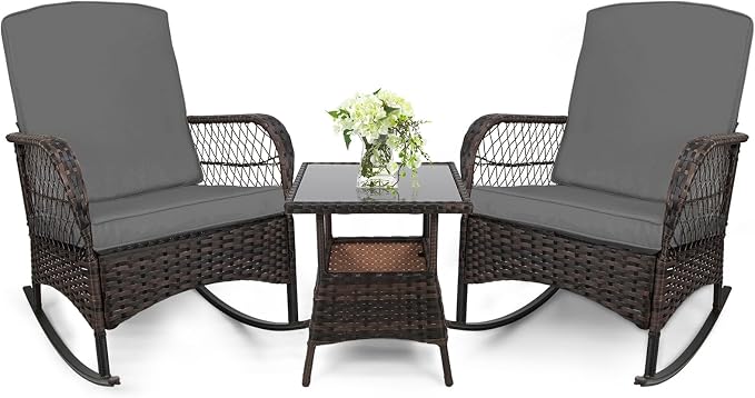 LEVELEVE 3 pcs Rocking Bistro Set Conversation Chairs PE Wicker Outdoor Rocking by Enjoyyourlife