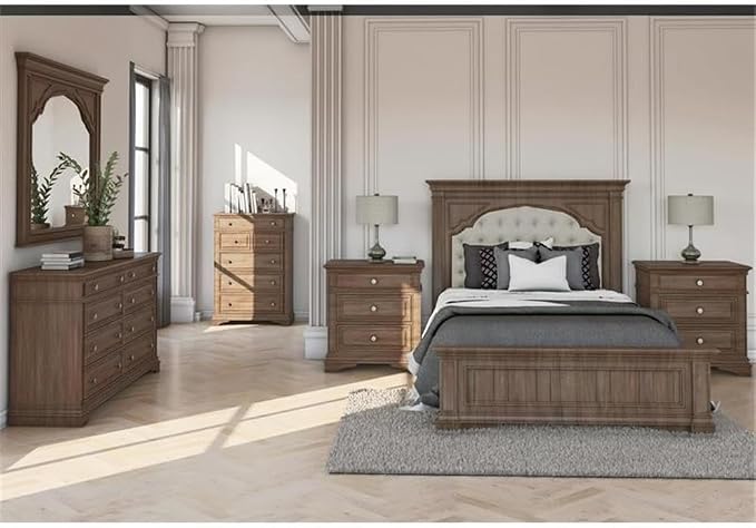 Pemberly Row King Panel Bed, Driftwood Gray Wood Frame, Upholstered Button - Image 3