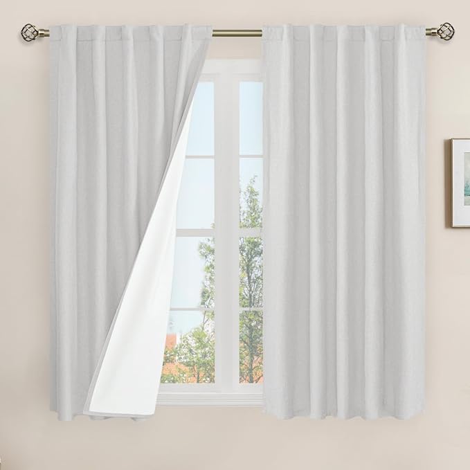 Light Grey 100% Blackout Short Linen Curtains 48 Inch Length 2 Panels | Thermal by LAMIT