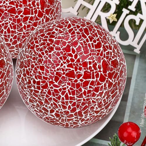 3 Pcs Decorative Balls for Bowls,3.15" Red Mosaic Glass Balls - Image 4