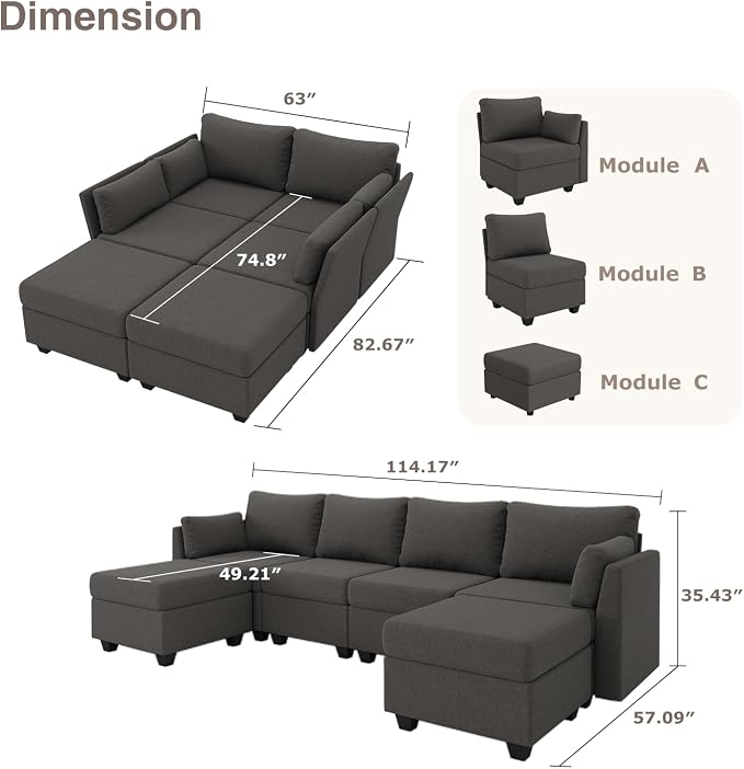 Huatean Home 114.17" Modular Sectional Sofa, 6 Seat Modular Couch - Image 2