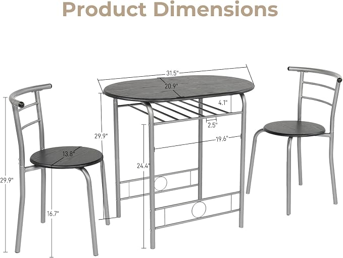 VINGLI 3 Piece Dining Set, Small Kitchen Table Set - Image 6