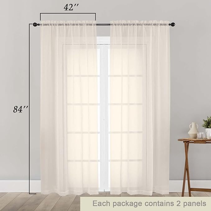 Cream Sheer Curtains 84 Inches Long 2 Panels Set - Image 2