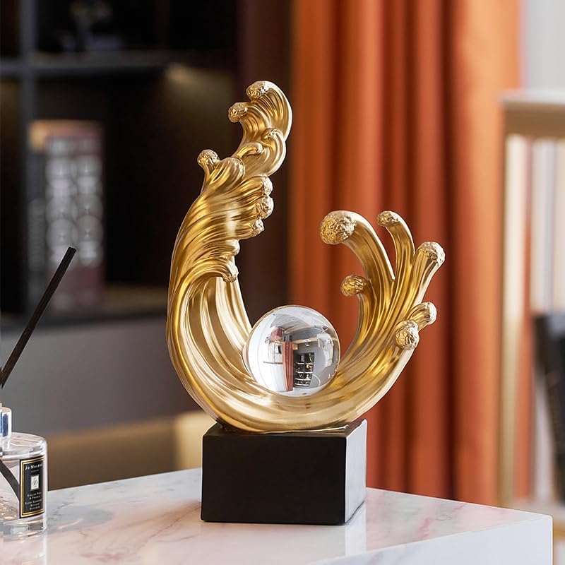 Modern Abstract Decorative Wave Statue, Gold Abstract Art Home Decor,Crystal Ball Art Wave Resin Sculpture, Office Desk Stand, Dining Table Center Decorative Aesthetics(A,Gold) - Image 5