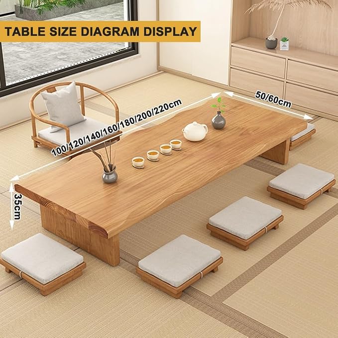 120cm Japanese Floor Table -Vintage Solid Wooden Tatami Table, Low Rectangular - Image 2