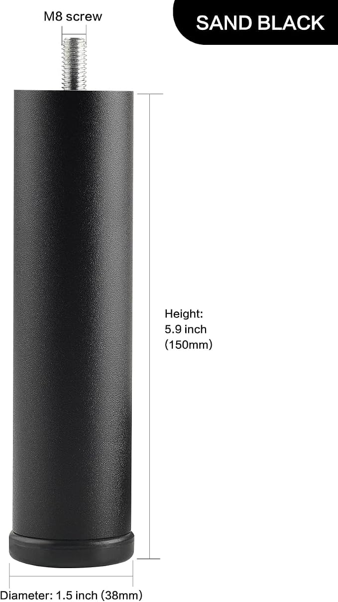 Metal Cylinder Legs for Furniture Set of 4 Pack Black 6 Inch Bed Support Legs - Image 2
