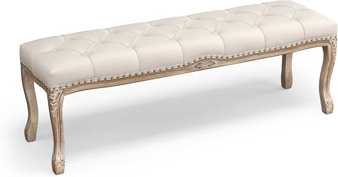 Cozyman Bedroom Bench, French Vintage Entryway Bench 52.5" Carving Upholstered by COZYMAN
