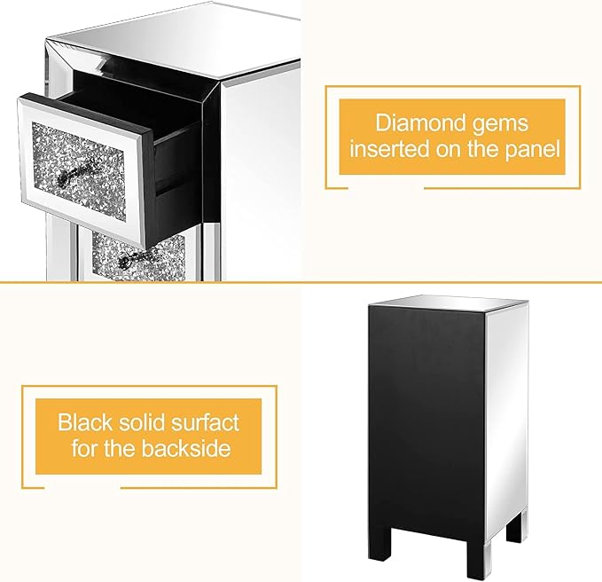 VINGLI 3-Drawer Mirrored Nightstand Bedside Table Modern Night Stands Set of 2 - Image 7