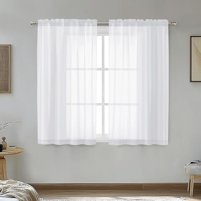 White Sheer Curtains 45 Inch Long 2 Panels, Rod Pocket Voile Drapes by OVZME