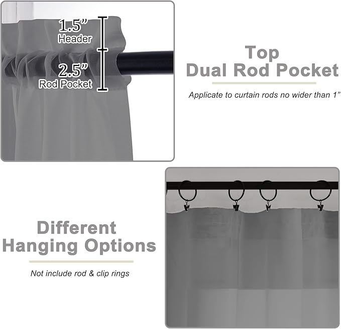 Grey Sheer Curtain for Bedroom Living Room 72 Inches Long 2 Panels Set - Image 4