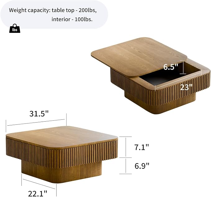 Square Coffee Table for Living Room, Fluted Drum Accent Tea Center Table - Image 2