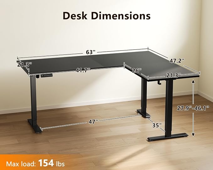 Casaottima 63 Inch Reversible L Shaped Electric Standing Desk, Ergonomic Height - Image 3