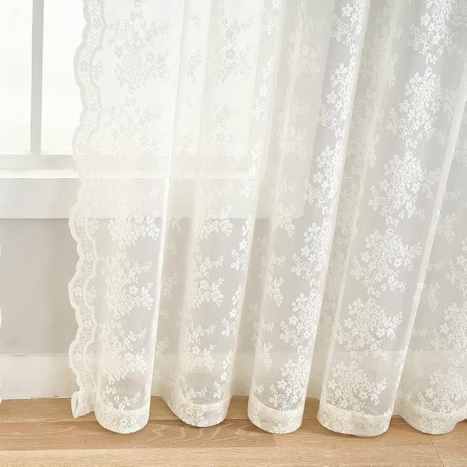 YJ YANJUN Vintage Lace Curtains 94 Inches Long- Antique Flowers Ivory Sheer - Image 5