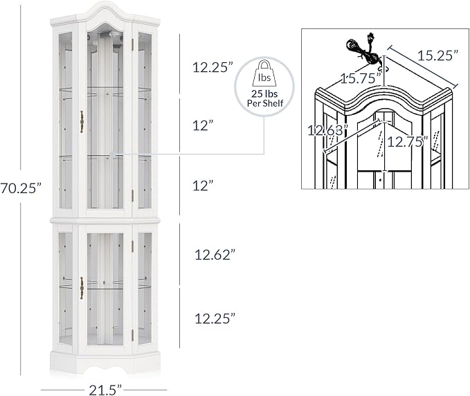 BELLEZE Lighted 3-Side Glass Display Curio Cabinet w/ Tempered Glass Doors and - Image 2
