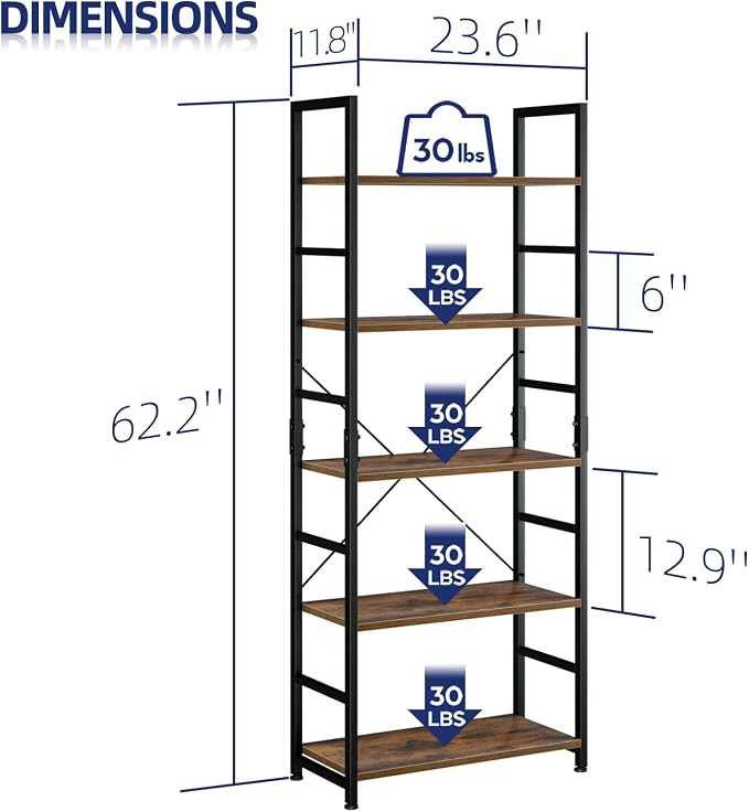 NUMENN 5 Tier Bookshelf, Tall Bookcase Shelf Storage Organizer, Modern Book - Image 3