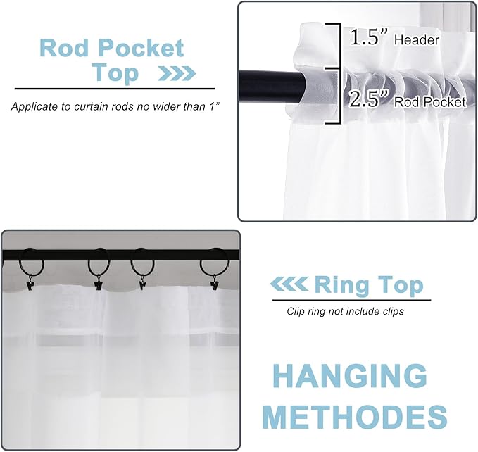 Sheer White Curtains, Sheer Curtains 63 inch Length 2 Panels Set, Rod Pocket - Image 4