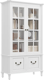 QUW 63" Tall Bookshelf with Glass Doors and Solid Wood Legs, Modern Book Shelf by QUW