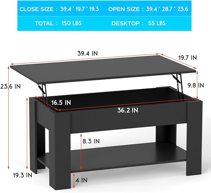 FDW 39.4" Lift Top Coffee Table - Image 3