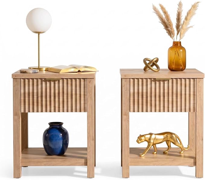 Fluted Night Stand with Golden Handle, Bedside Table with Storage Shelf by TROJMHome