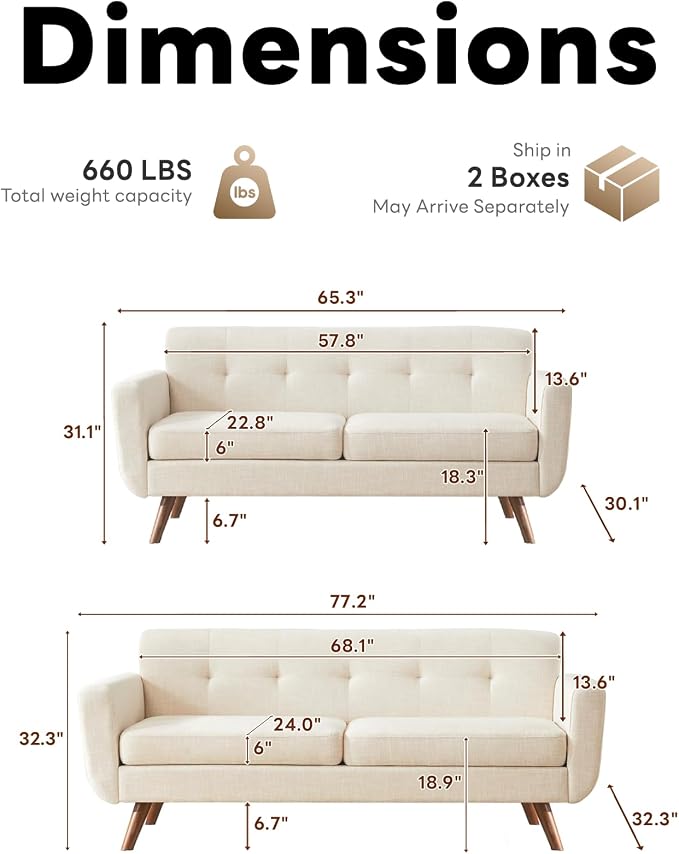 Tbfit Mid Century Modern Sofa Couch, Loveseat & Standard Sofa | linen fabric - Image 2