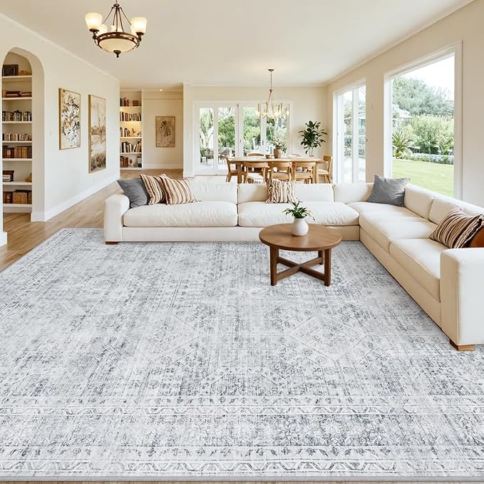 8x10 Area Rugs Living Room: Bedroom Neutral Washable Carpet Gray | Vintage Boho - Image 8
