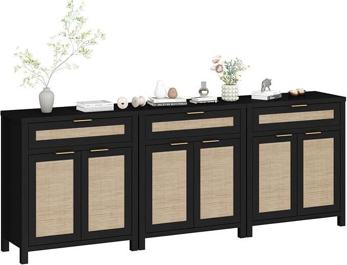 HOKYHOKY Rattan Sideboard Buffet Cabinet Set of 3, Boho Storage Cabinet - Image 6