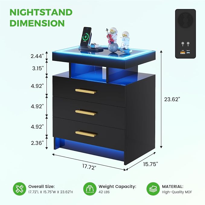 HNEBC Night Stand Set 2 with LED Lights, High Gloss Nightstand with 3 Drawers - Image 2