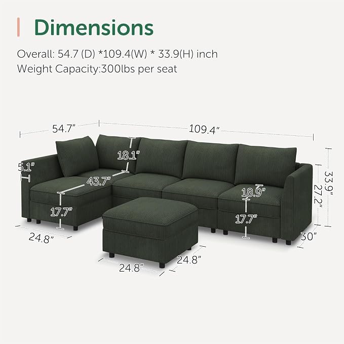 HONBAY Modular Sectional Sleeper Sofa Green Couch L Shaped Sectional Sofa - Image 2