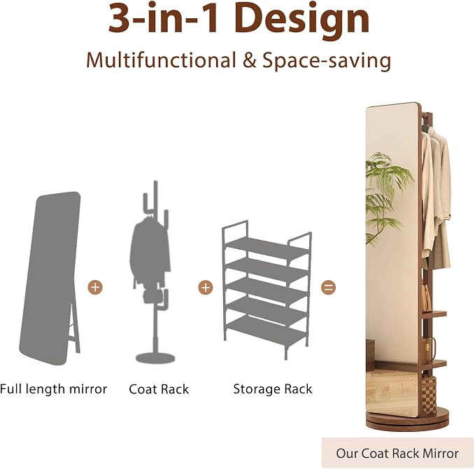 WoodsWhisper Full Length Mirror Coat Rack Solid Wood Floor Mirror 70"x16" Full - Image 5