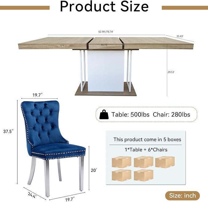 Henf 63"-79" Dining Table Set for 6, 7 Pieces Extendable Dining Table and 6 - Image 7