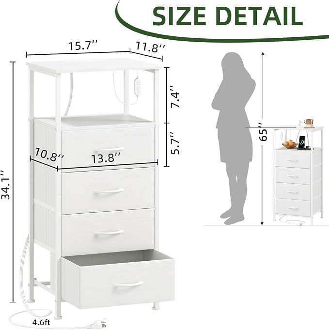 Somdot White Nightstand with Charging Station and LED Light - Image 3