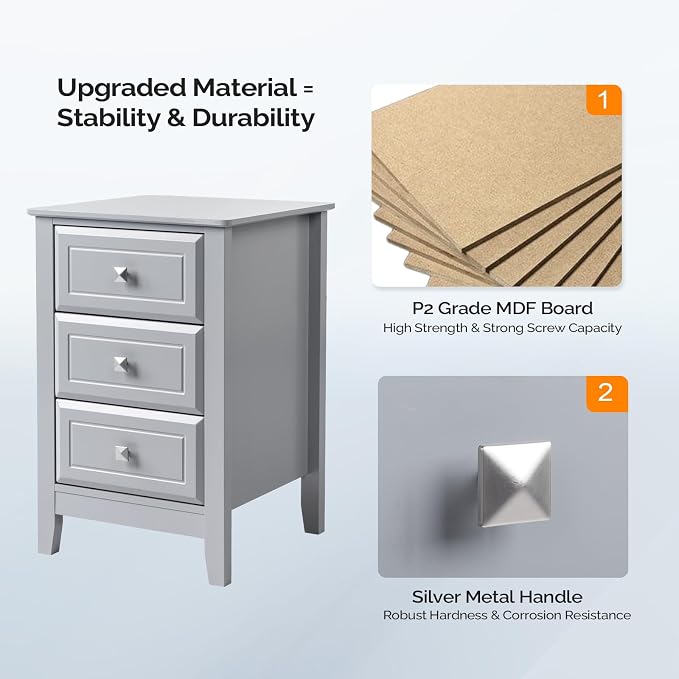 Bonnlo Gray Nightstands Set of 2, 3 Drawer Nightstand, Modern Night Stand - Image 4
