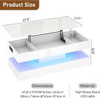 47.2" Large Lift Top Coffee Table, Modern High Glossy LED Coffee Tables - Image 2