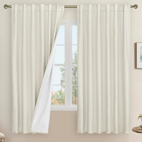 100% Blackout Natural Polyester Curtains, 68 Inches Linen Textured Thermal by LAMIT