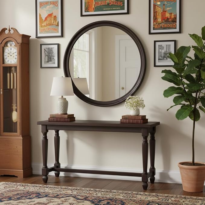 Round Mirrors 36 Inch, Rustic Decorative Transitional Dark Walnut Wall Mirror - Image 2