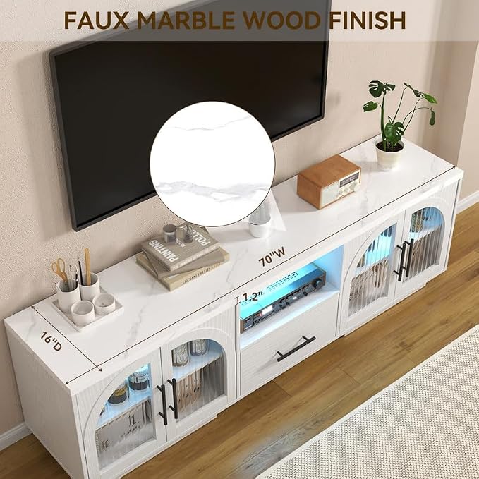 70" LED TV Stand with Storage for 75/80" TVs, Faux Marble Entertainment Center - Image 4