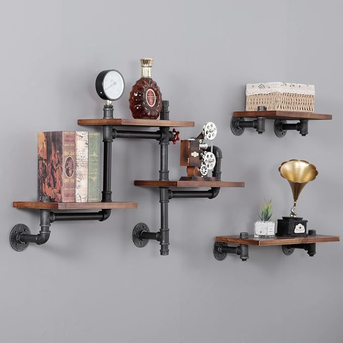 Industrial Floating Pipe Wall Shelves Rustic Wood Shelving, 5 Layer Pipe Design by SSSFurniture